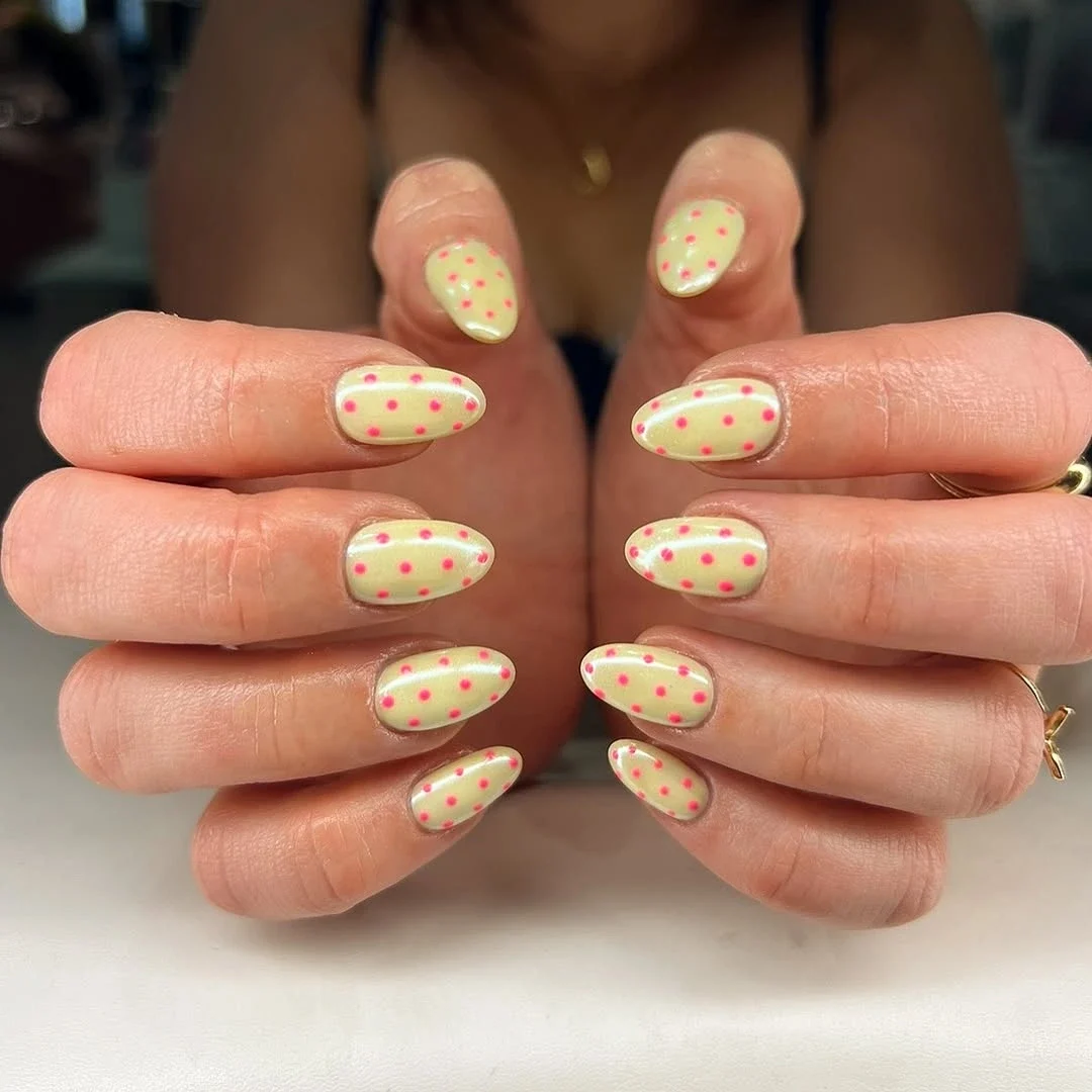 12 Polka Dot Nail Designs for Short Nails That Are Super Cute and Easy 3 Butter Yellow With Pink Polka Dot
