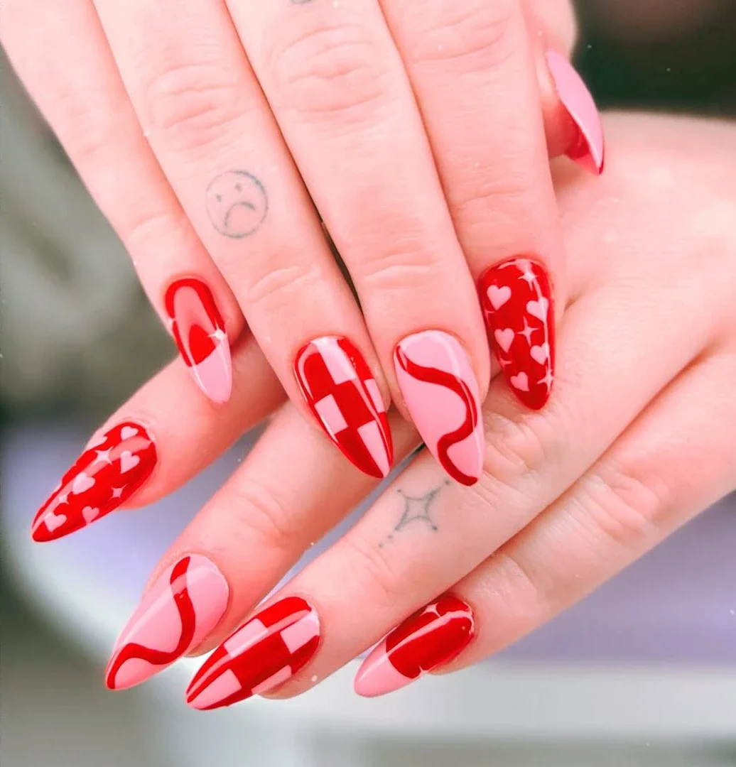 18 Cute and Classy Red and Pink Nail Designs for Every Mood 16 Checkerboard Nails