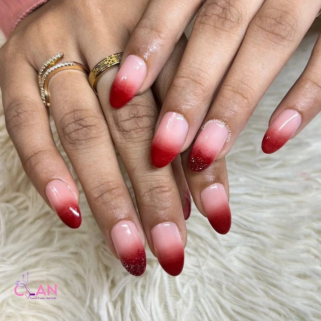 18 Cute and Classy Red and Pink Nail Designs for Every Mood 15 Gradient Glitter Magic