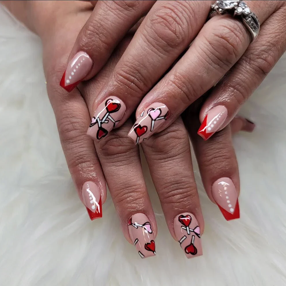 18 Cute and Classy Red and Pink Nail Designs for Every Mood 3 Heart Accents for Romantic Vibes