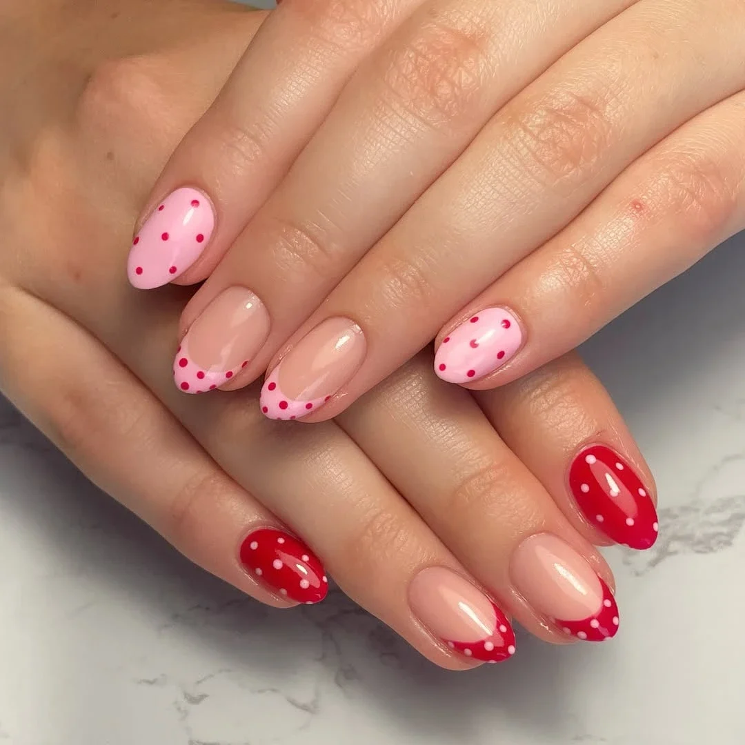 18 Cute and Classy Red and Pink Nail Designs for Every Mood 5 Playful Polka Dot Patterns
