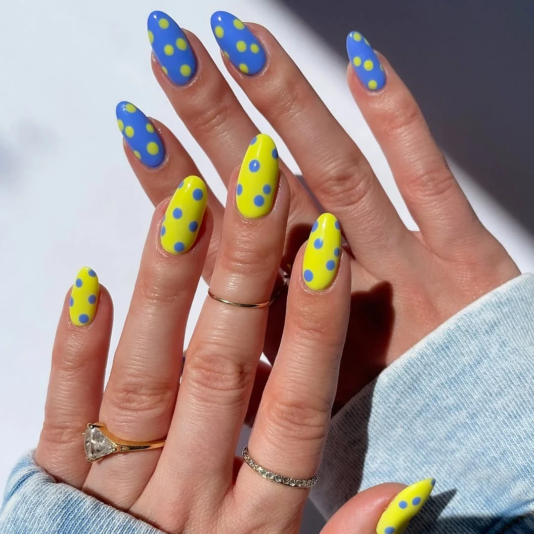 12 Polka Dot Nail Designs for Short Nails That Are Super Cute and Easy 13 Yellow and Blue Polka Dot Nail